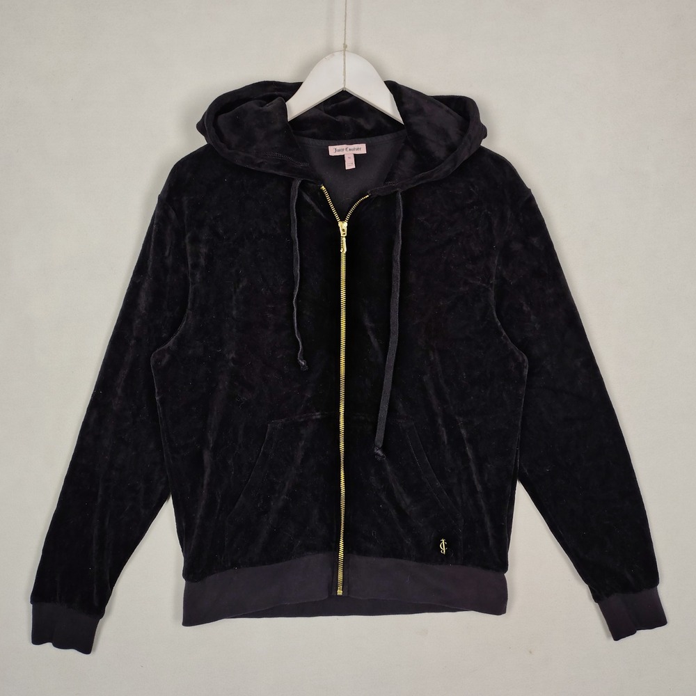 Juicy Couture Black Velour Full Zip Hoodie Gold Logo Sweatshirt Medium Y2K